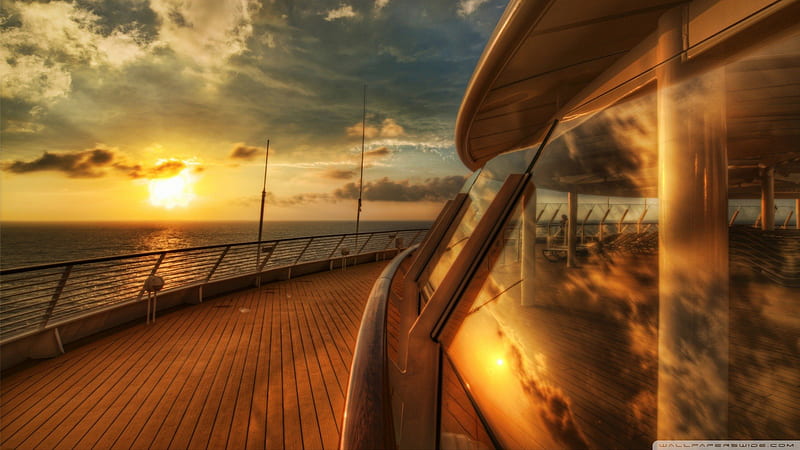 sunset on a cruise ship deck r, glass, cruise, ship, r, sunset, deck, sea, HD wallpaper