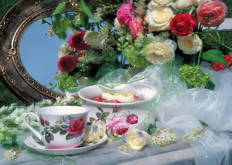 Still Life, bouquet, flowers, vase, mirror, tableware, artwork, porcelain, HD wallpaper