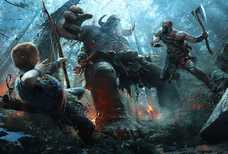 God Of War, Troll, Axe, Video Game, Kratos (God Of War), Atreus (God Of War), God Of War (2018), HD wallpaper