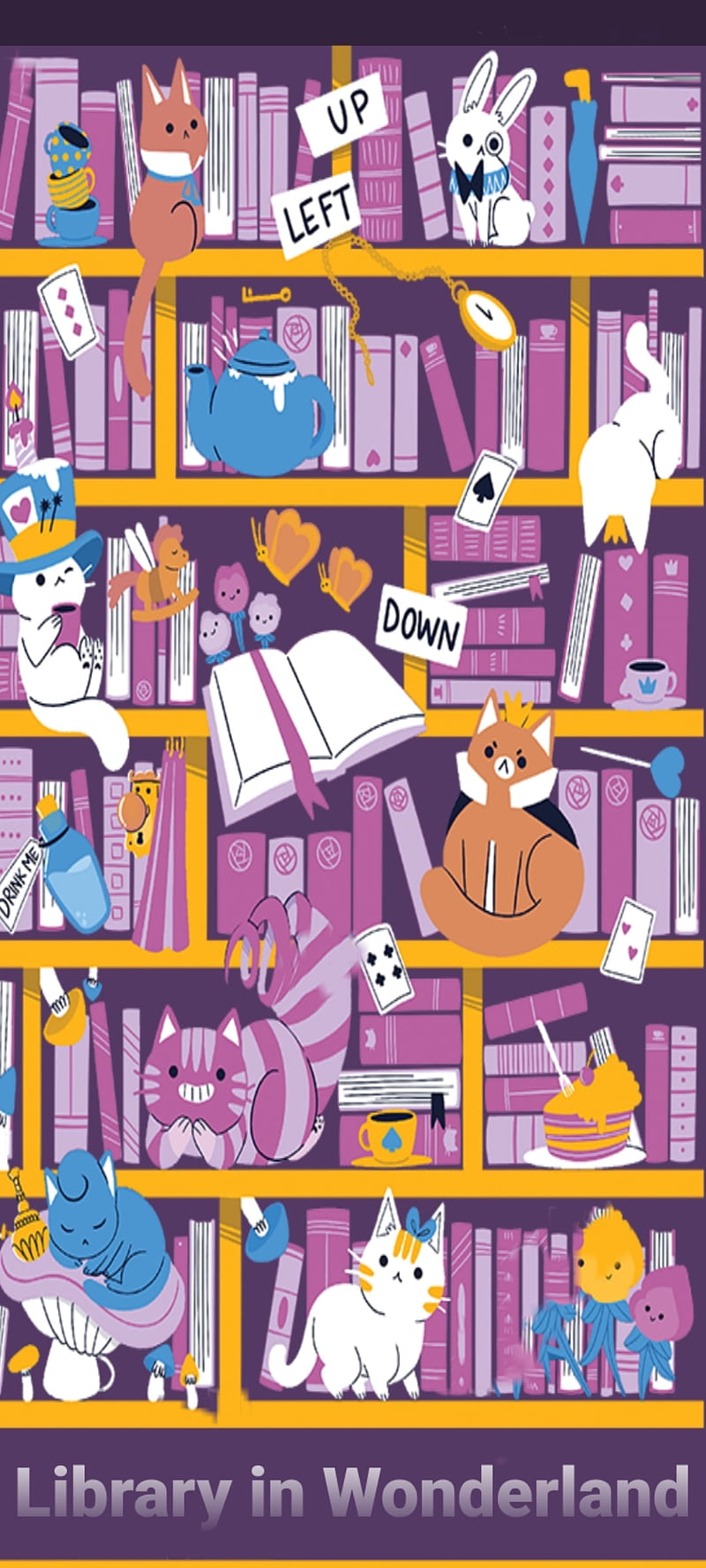 LibraryinWonderland, cat, caterpillar, library, mad hater, queen, rabbit alice, wonderland, HD phone wallpaper