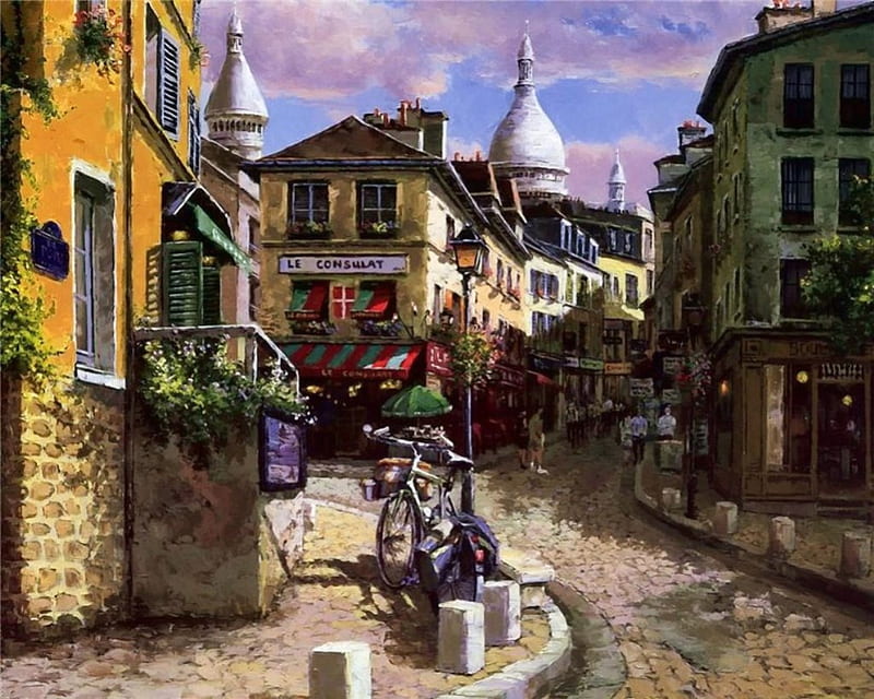 Montmartre, Paris, france, houses, flowers, street, artwork, HD wallpaper
