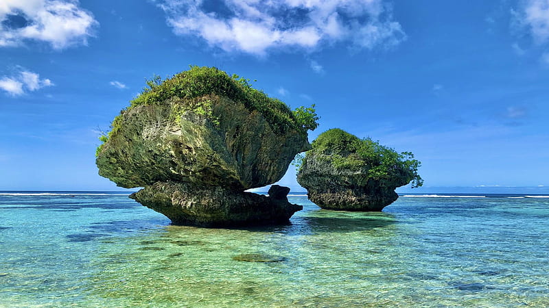 Tanguisson Beach, Guam, sea, sky, plants, rocks, clouds, HD wallpaper