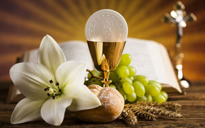 Eucharist, grapes, lily, grain ears, bread, Crucifix, Bible, HD wallpaper