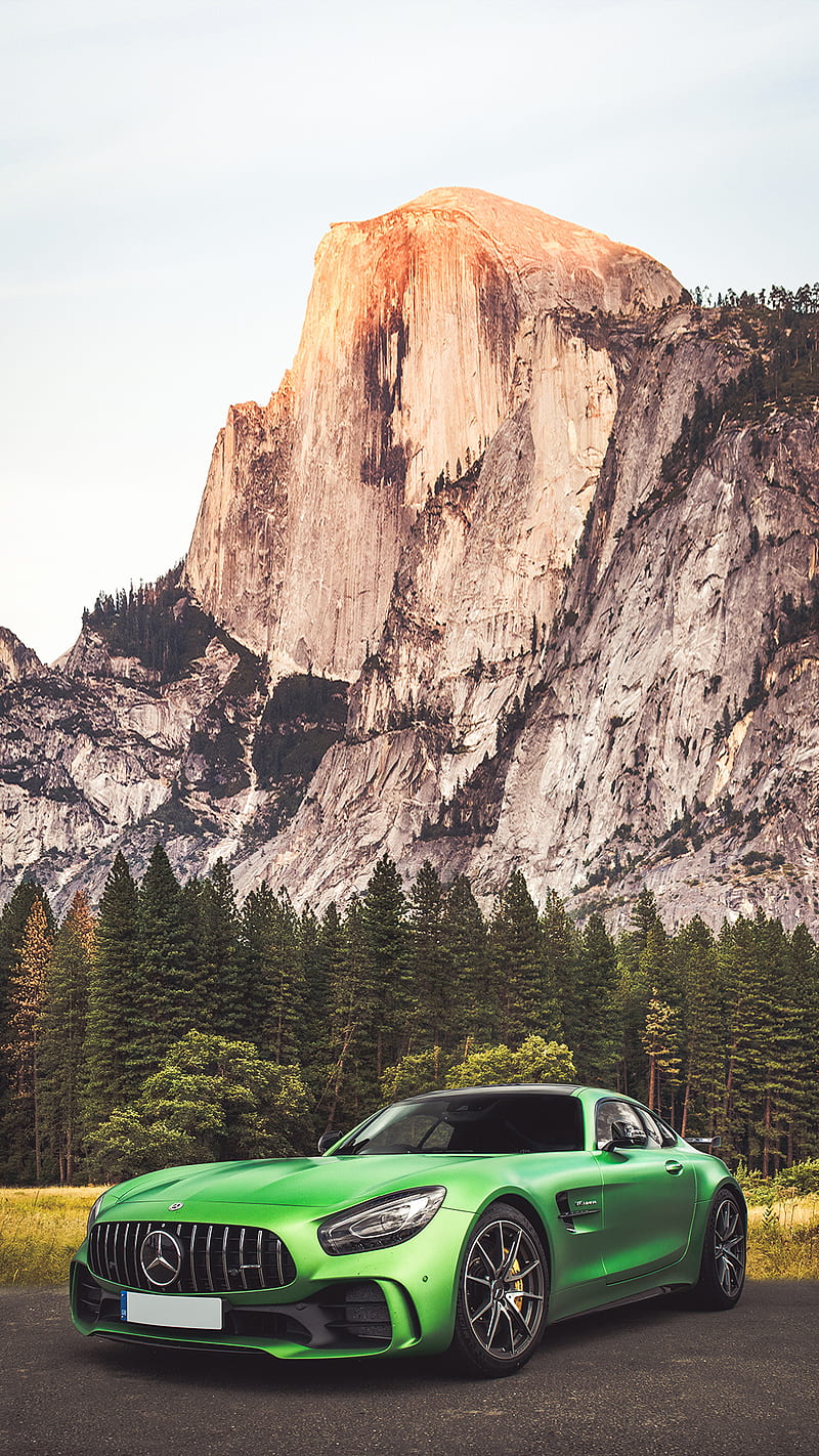 Mercedes AMG GTR, auto, car, carros, green, mountain, speed, turbo, HD phone wallpaper