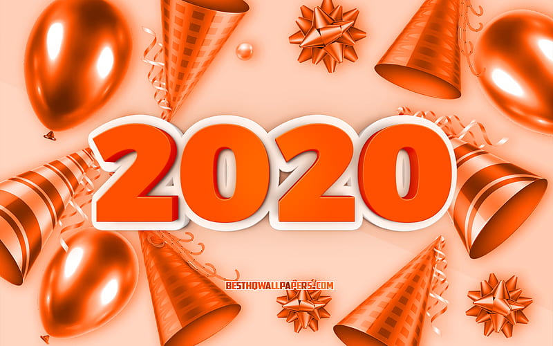 Orange 2020 background, 2020 greeting card, Happy New Year 2020, 3d 2020 Orange background, 2020 concepts, 2020 Christmas Orange Background, creative 3d art, 2020 background with balloons, HD wallpaper