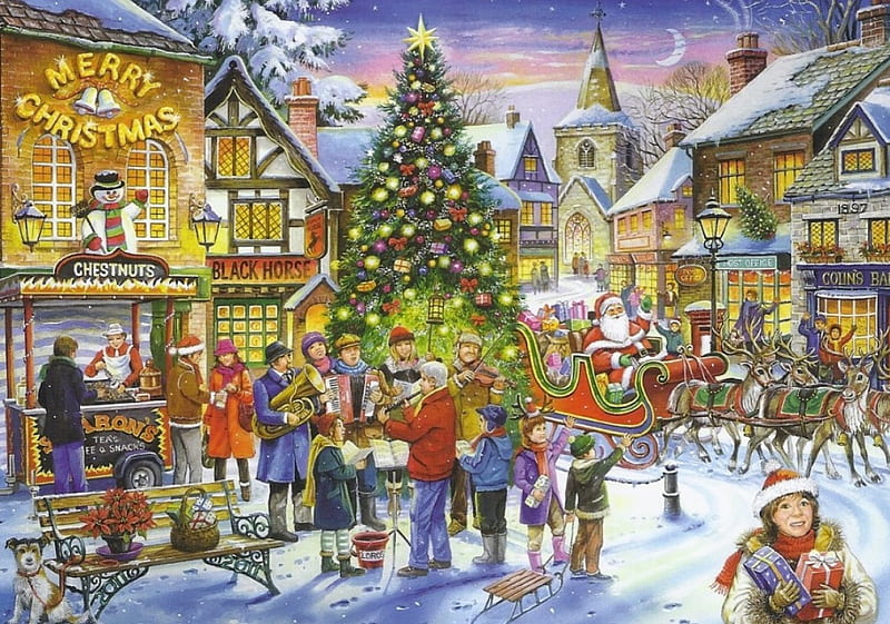 Christmas Carols, christmas, town, chestnuts, winter, tree, santa, shops, village, presents, carols, HD wallpaper