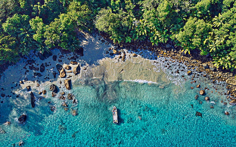 Seychelles Island paradise, yacht on beach, aerial view, summer, sea, beautiful nature, HD wallpaper