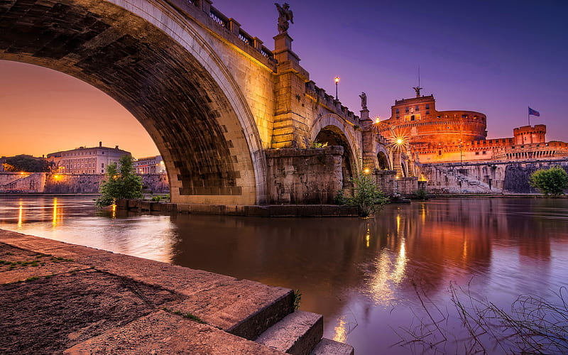 Aelian Bridge Tiber River, evening, Pons Aelius, Rome, Italy, Europe, Ponte Sant Angelo, italian cities, HD wallpaper