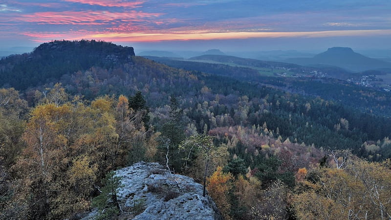 wonderful saxon np in switzerland, forest, rocks, sunset, clouds, valley, HD wallpaper