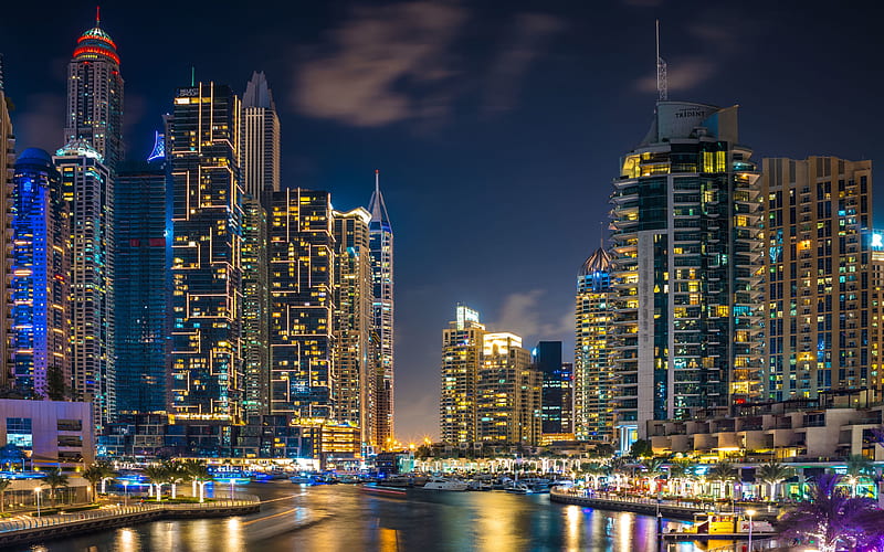 Dubai, UAE, night, skyscrapers, bay, yachts, modern buildings, United Arab Emirates, HD wallpaper