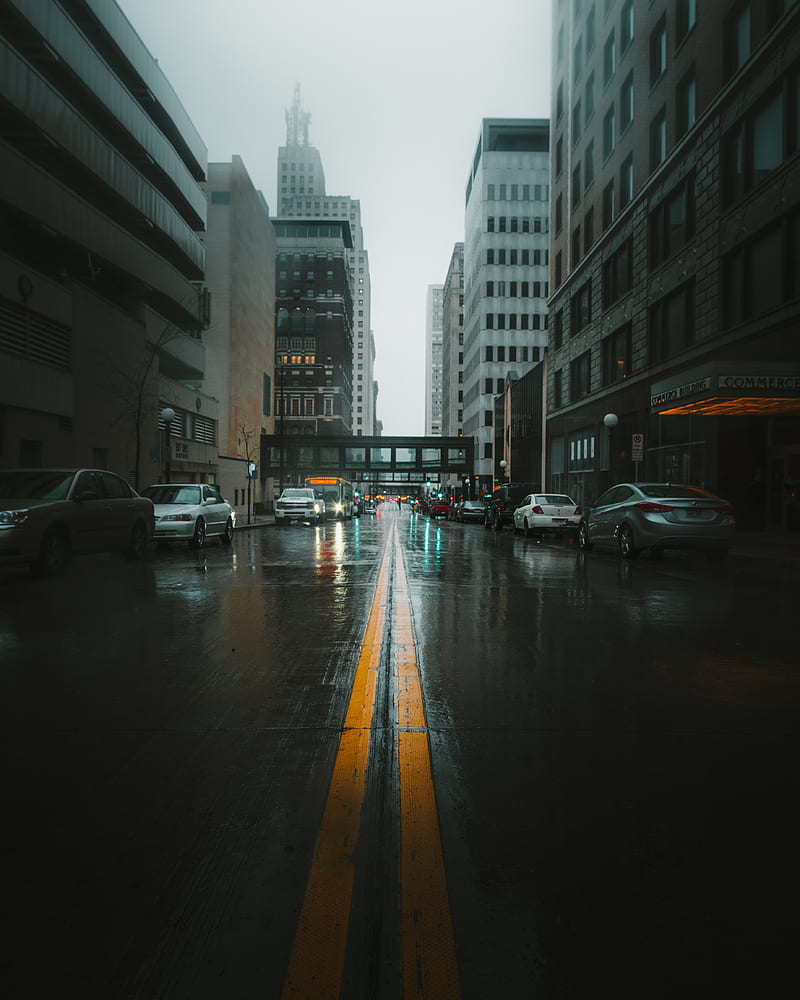 street, city, fog, markup, carros, HD phone wallpaper