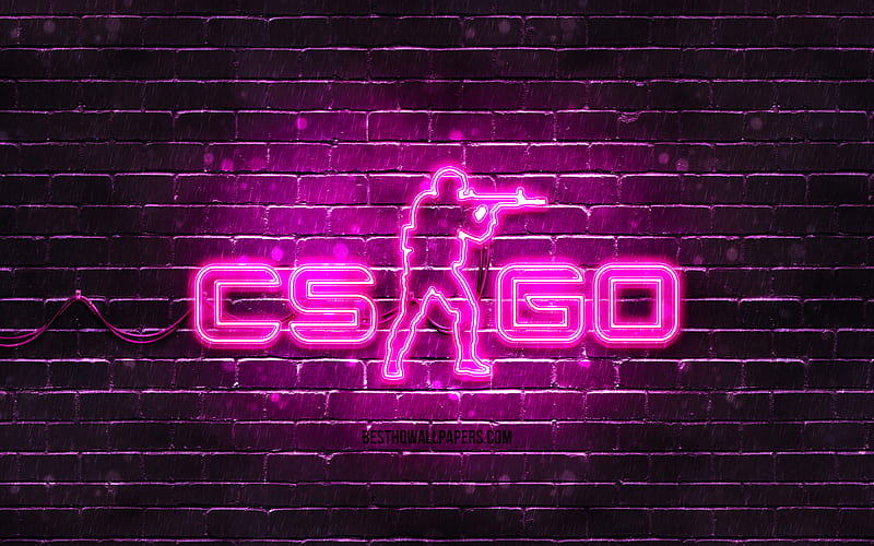 CS Go purple logo purple brickwall, Counter-Strike, CS Go logo, 2020 games, CS Go neon logo, CS Go, Counter-Strike Global Offensive, HD wallpaper