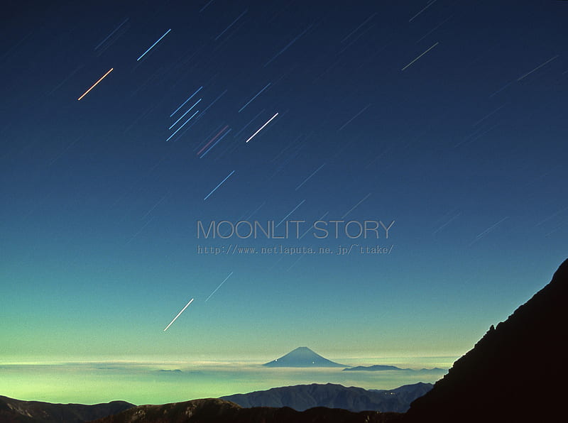 Orion above the Mt. Fuji, japan, moon, spece, fuji, star, orion, HD wallpaper