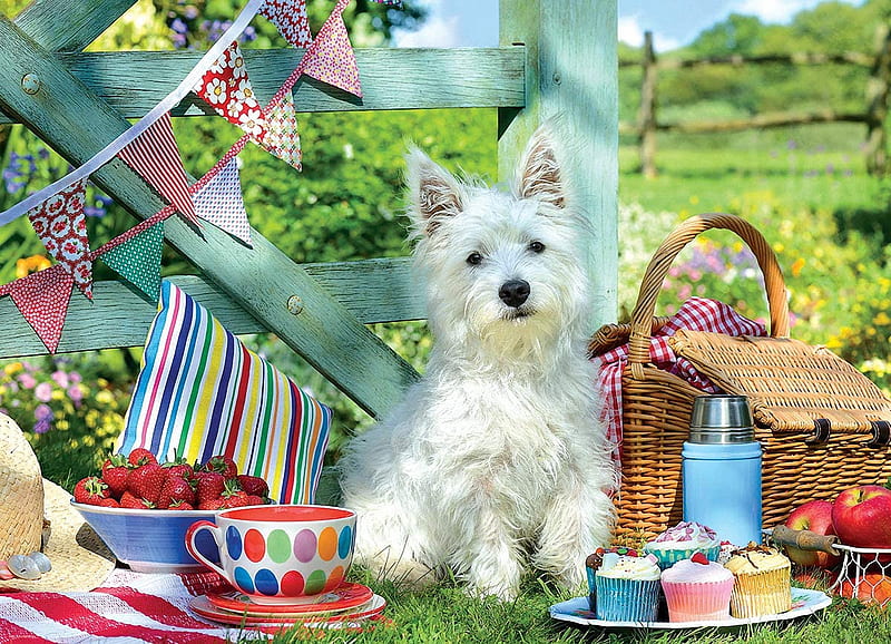 Scottie Dog Picnic, apples, cute, digital, strawberries, cakes, HD wallpaper