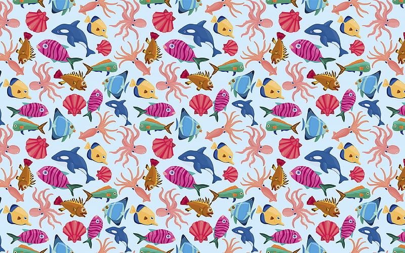 background with marine animals octopus, fish, killer whale, Fish, shells, marine animals background, colorful backgrounds, HD wallpaper