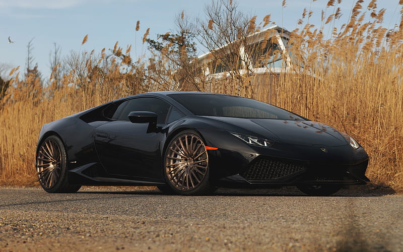 Lamborghini Huracan, 2018, black supercar, front view, bronze wheels, tuning, new black Huracan, Italian sports cars, Lamborghini, HD wallpaper