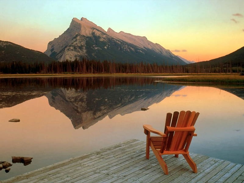 Watch the world go by, decking, calm lake, mountains, peaceful, deckchair, HD wallpaper