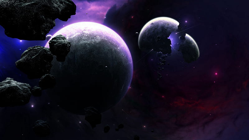 planets, asteroids, fragments, flash, space, HD wallpaper