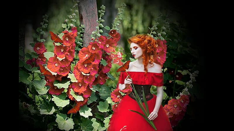 Spring Women Red Splendor, pretty, vivid, lovely, redhead, bold, bonito, butterflies, women are special, lips nails eyes hair art, hollyhocks, etheral women, spring women, bright colors, red on black or reverse, red on black, HD wallpaper
