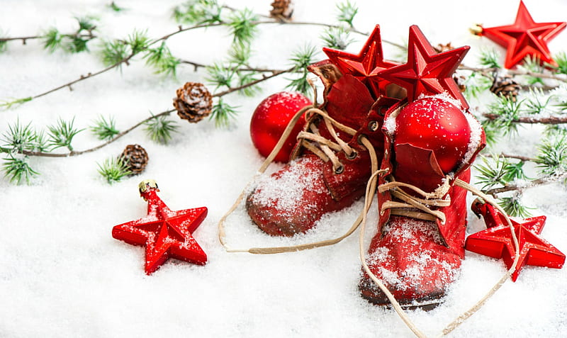 Merry Christmas!, globe, red, deco, christmas, winter, ball, green, snow, white, shoes, star, HD wallpaper
