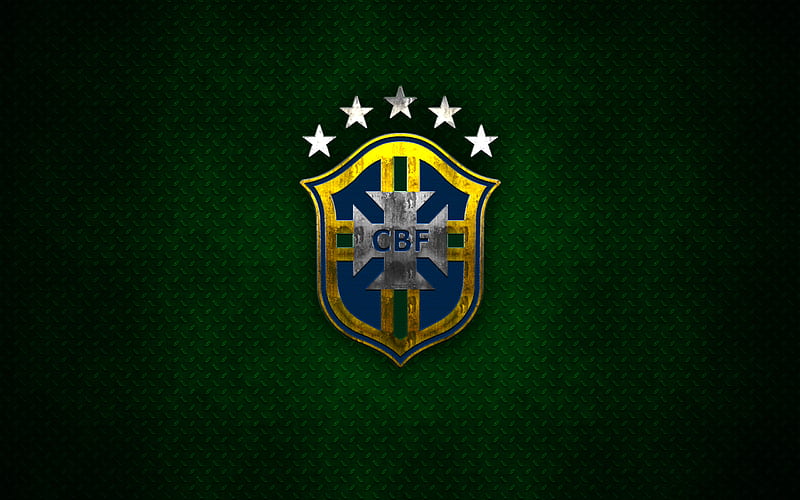 Brazil national football team metal logo, creative art, metal emblem, green metal background, Brazil, football, HD wallpaper