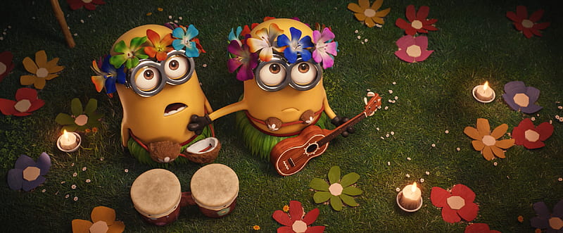 Despicable Me 3 (2017), hawaii, cute, minion, guitar, green, despicable me 3, summer, flower, funny, couple, HD wallpaper