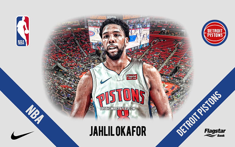 Jahlil Okafor, Detroit Pistons, American Basketball Player, NBA, portrait, USA, basketball, Little Caesars Arena, Detroit Pistons logo, HD wallpaper