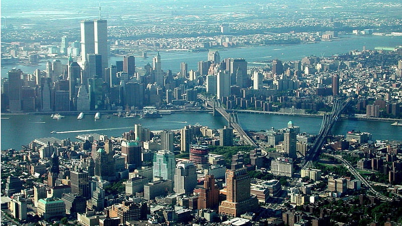 panoramic view of nyc pre 9/11/01, city, bridges, river, panorama, skyscrapers, HD wallpaper