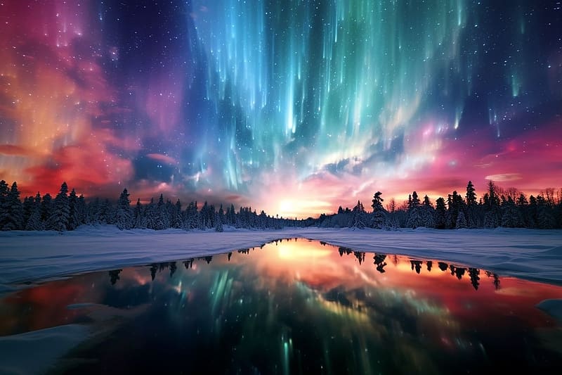 Aurora Borealis, eszaki feny, erdo, fak, ho, szines, teli, bekes, folyo, egbolt, havas, HD wallpaper