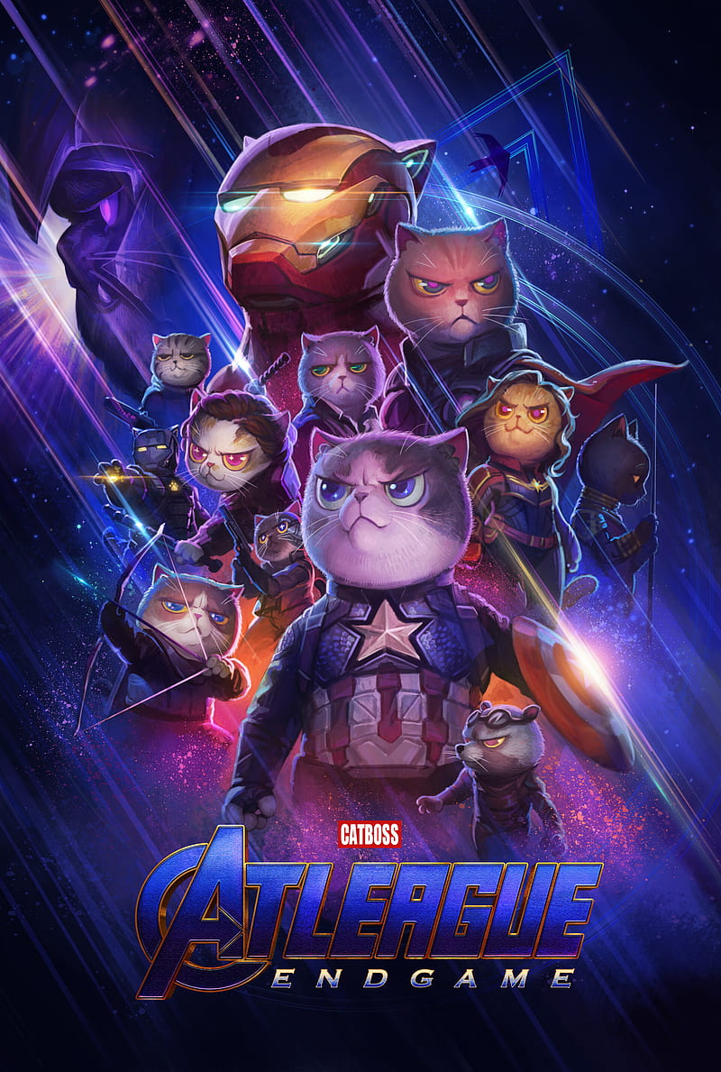 Cat Avengers, capitain, digital art, end, game, iron man, purple, thor, wars, HD phone wallpaper