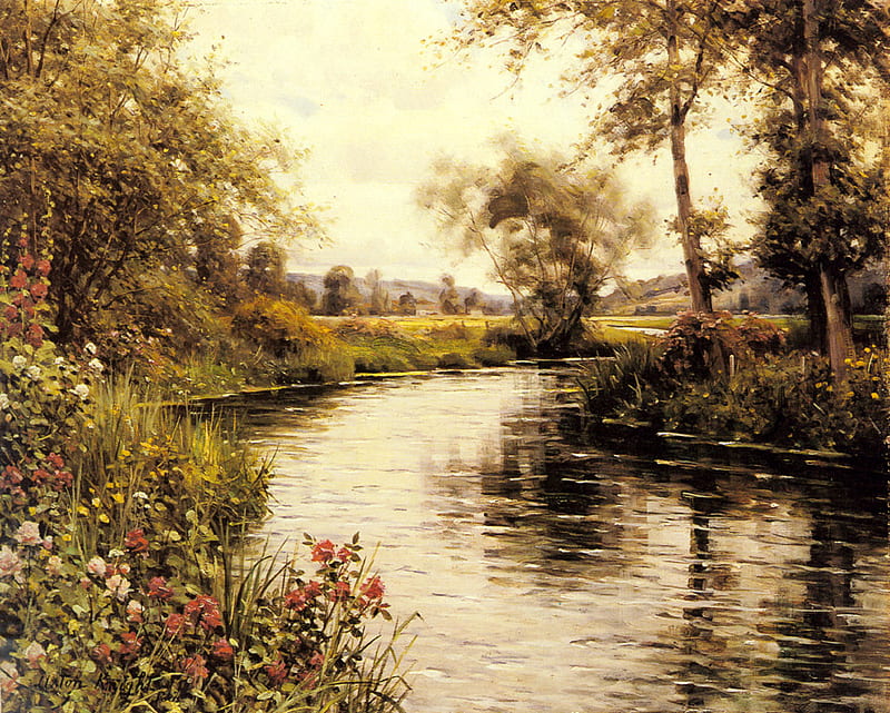 Flowers in bloom by a river, by Louis Aston Knight, art, tree, painting, flower, louis aston knight, river, HD wallpaper