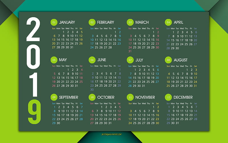 2019 green calendar, all months, green abstract background, calendar for 2019, stylish art, 2019 calendars, english 2019 calendar, HD wallpaper