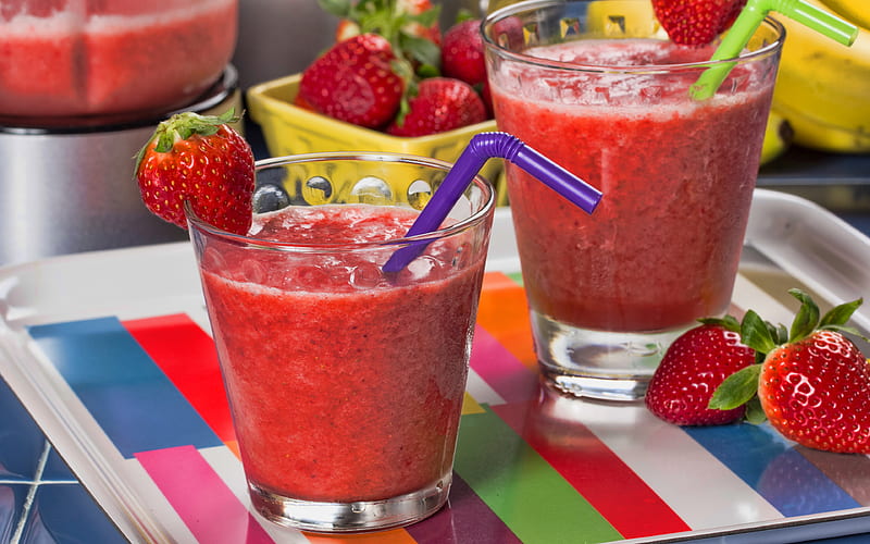 strawberry smoothies berries, fruits, breakfast, smoothie in glassful, healthy food, smoothie glasses, strawberry, fruit smoothies, smoothies with strawberry, HD wallpaper