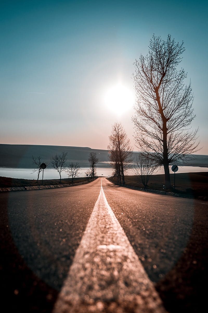 road, trees, sunset, sky, direction, HD phone wallpaper
