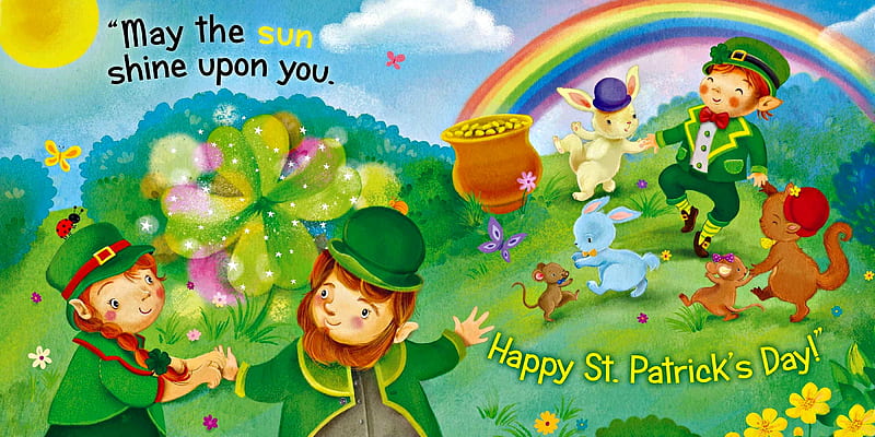 Happy St. Patrick's Day, squirrel, sun, mice, Patricks, pot, rainbow, coins, Happy Saint Patricks Day, clouds, bushes, pot of gold, bows, clovers, St Patricks Day, rabbits, flowers, Patricks Day, gold coins, stars, hills, hats, Saint Patricks Day, leprechauns, bugs, butterflies, Happy St Patricks Day, sky, ladybug, shamrocks, bunnies, HD wallpaper