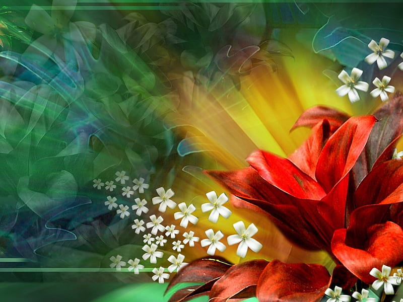 Hermosas flores, 3d, fantasía, flores blancas rojas, Fondo de pantalla HD |  Peakpx