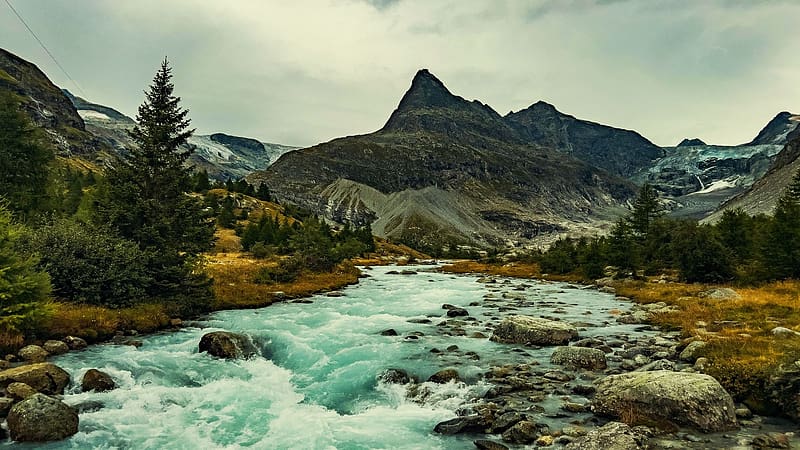 Mont Mine Glacier in Switzerland, stones, creek, landscape, trees, water, rocks, alps, HD wallpaper