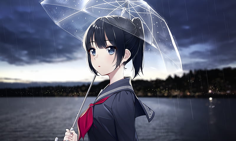 anime girl, transparent umbrella, school uniform, ponytail, clouds, Anime, HD wallpaper