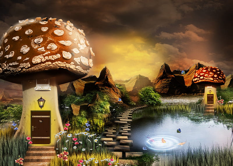 ✼.Welcome to Mushroom Houses.✼, pretty, grass, mushroom, home, bonito, clouds, waterscapes, butterfly, splendor, stock , landscapes, love, flowers, beauty, scenery, resources, animals, lakes, lovely, premade, houses, creative pre-made, butterflies, trees, pond, mountains, sidewalk, plants, backgrounds, nature, reflections, HD wallpaper