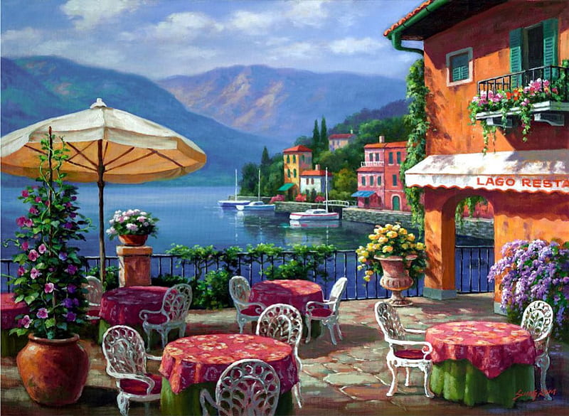 Lake Como, Italy, tables, restaurant, houses, painting, chairs, flowers, artwor, HD wallpaper