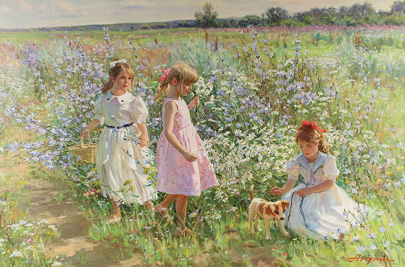 Flower meadow, painting, children, flower, copil, alexander averin, meadow, art, vara, girl, summer, pictura, HD wallpaper