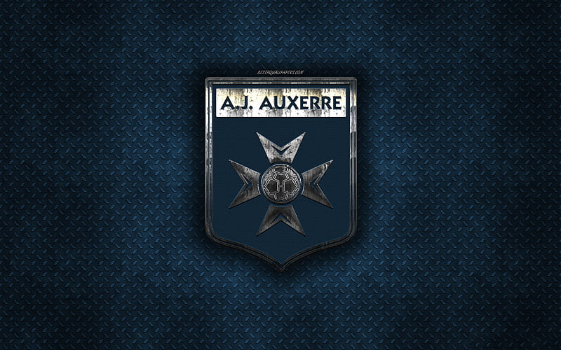 AJ Auxerre, French football club, blue metal texture, metal logo, emblem, Auxerre, France, Ligue 2, creative art, football, HD wallpaper