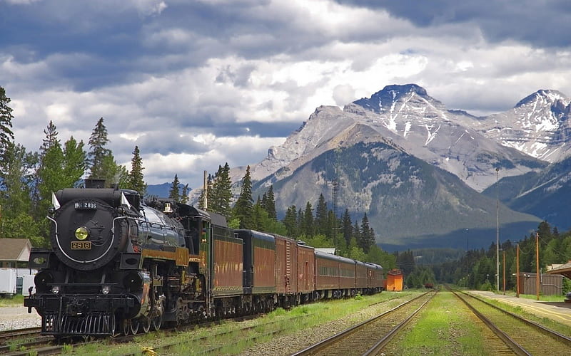 Train Station, Banff National,Park, Alberta, grass, clouds, mountain, track, metal, train, wheel, forest, steam, sky, trees, abstract, daylight, engine, day, nature, canada, HD wallpaper