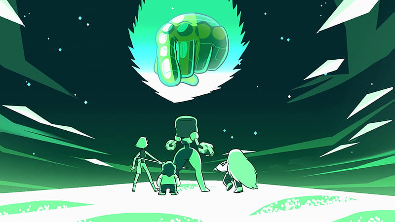 Steven Universe Amethyst Garnet Pearl Steven Back Giew With Backgroud Of Dark Green Sky And A Green Hand Showing Index Finger Movies, HD wallpaper