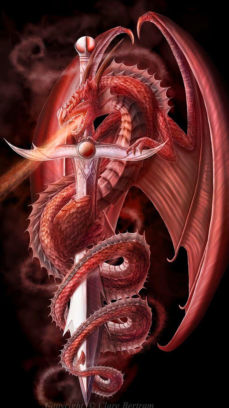 Red dragon, dragon, fantasy, red, sword, HD phone wallpaper