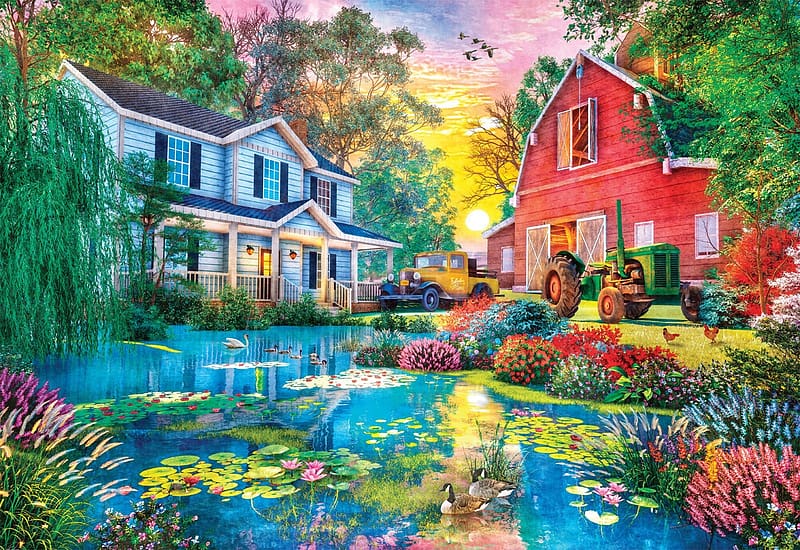 Old Country Farmhouse, pond, house, ducks, barn, painting, flowers, tractor, HD wallpaper