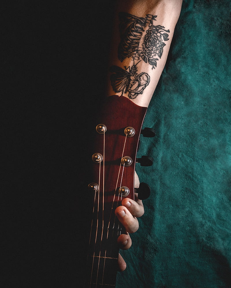 Desktop Wallpapers Tattoos Guitar Hair Face female Hands Staring