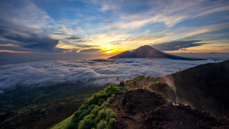 Mount Batur, volcano, nature, mountains, sunset, nature, HD wallpaper