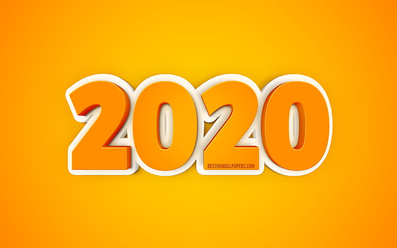 2020 orange background, 2020 year concepts, 3d 2020 background, Happy New Year, 2020 concepts, creative 3d art, 2020, yellow background, HD wallpaper