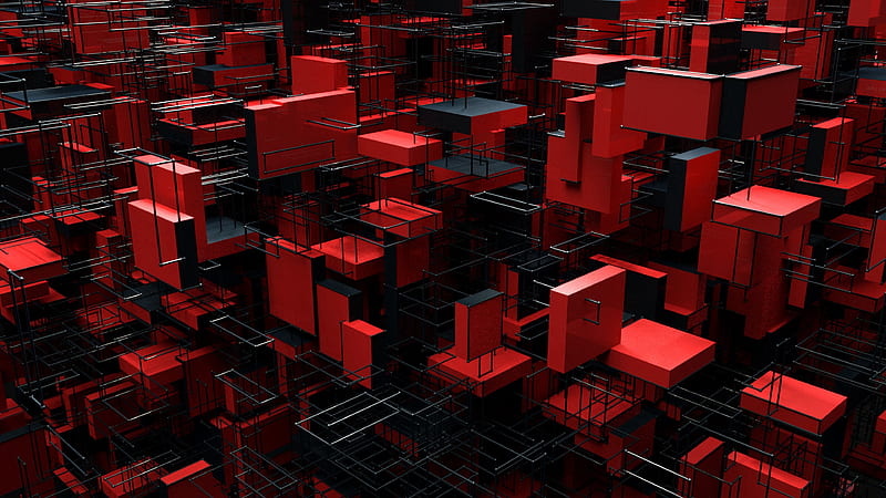 structure, blocks, 3d, red, black, HD wallpaper